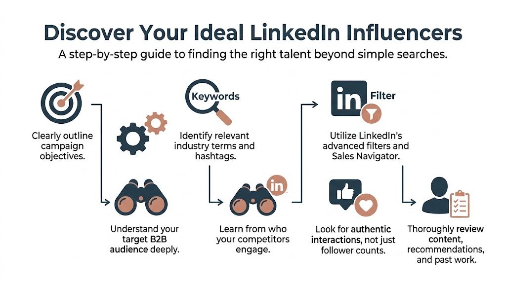 A step-by-step infographic showing how to find and select ideal professional LinkedIn influencers for marketing campaigns.