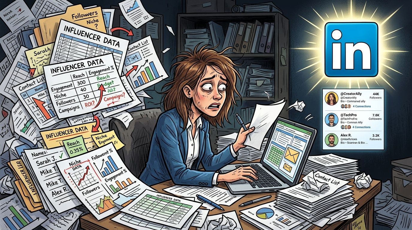 A stressed woman overwhelmed by piles of data, charts, and influencer lists while working on LinkedIn.