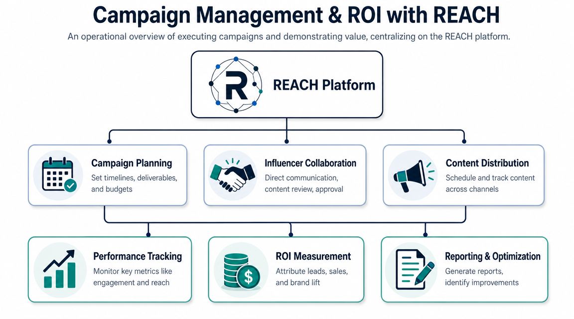 A flowchart diagram showing the REACH platform's workflow for campaign management, influencer collaboration, and ROI analysis.