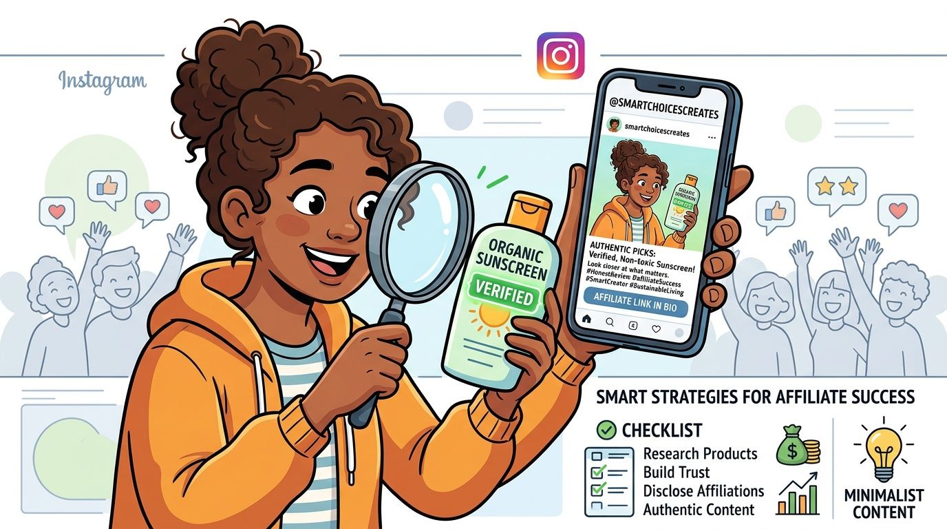 An illustration of a woman reviewing a sunscreen product for an Instagram affiliate marketing post.