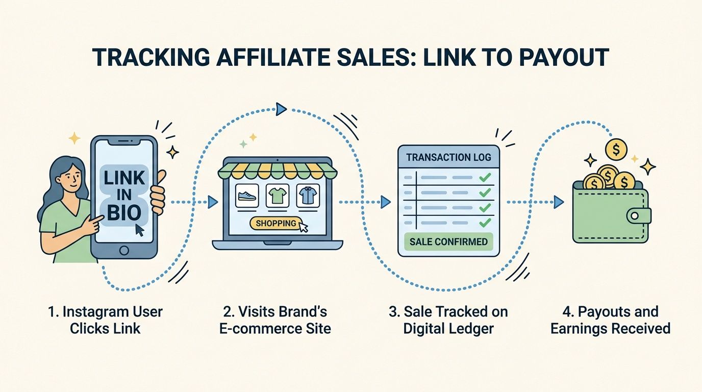 A four-step infographic showing how an Instagram affiliate marketing link leads to brand sales and payouts.