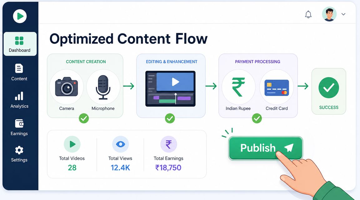 A digital dashboard showing an optimized content flow for video creators including creation, editing, and payment processing.