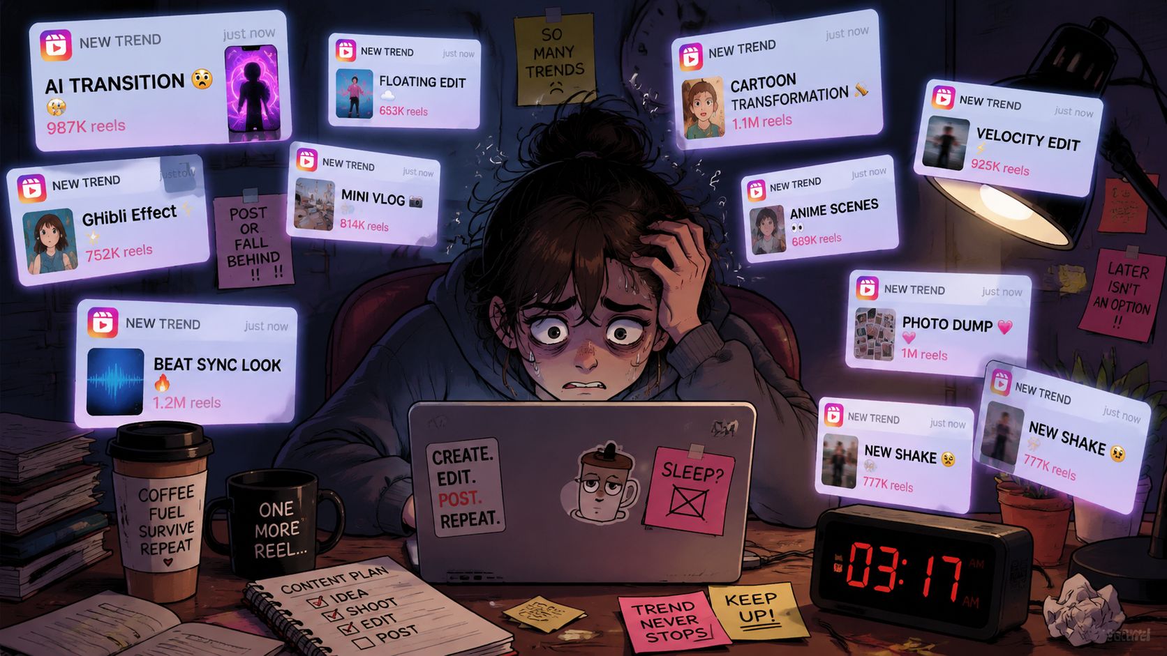 A stressed creator working late at night, surrounded by digital notifications about various Instagram reels trends.