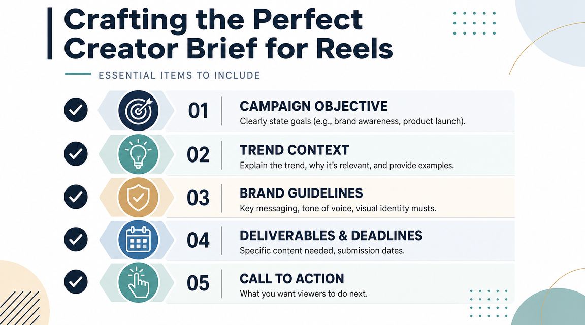A graphic titled Crafting the Perfect Creator Brief for Reels listing five essential items to include.