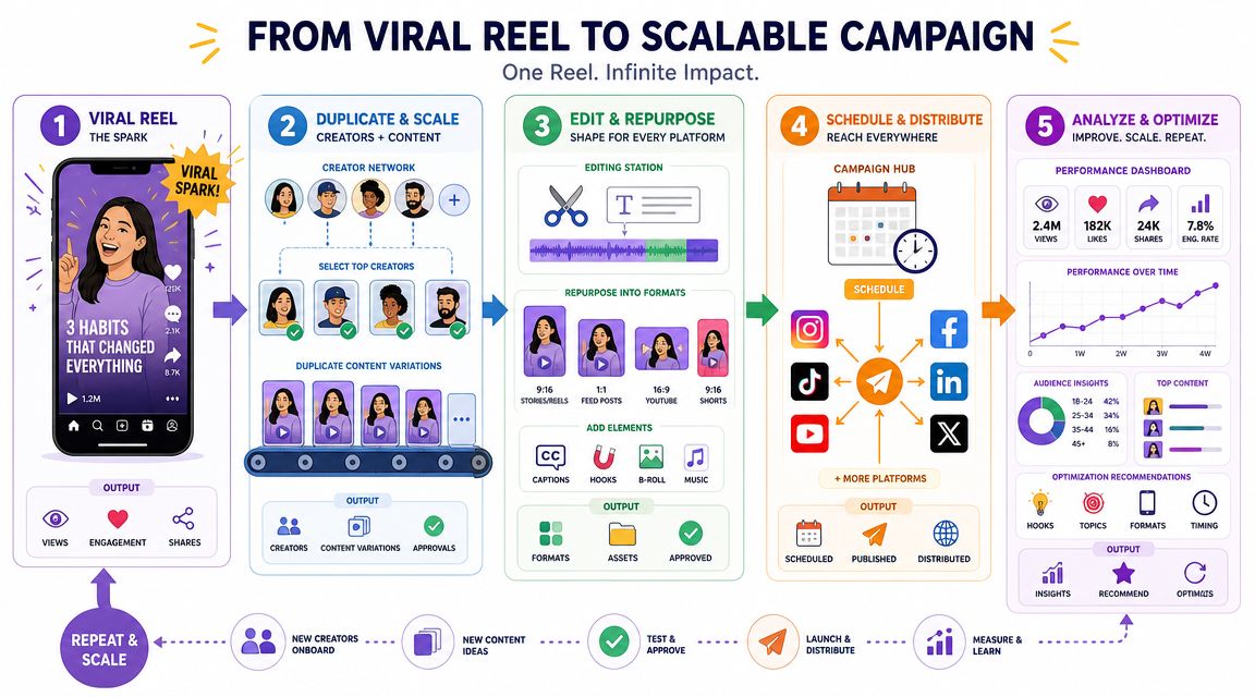 A five-step infographic showing how to turn a single viral Instagram reel into a scalable marketing campaign.