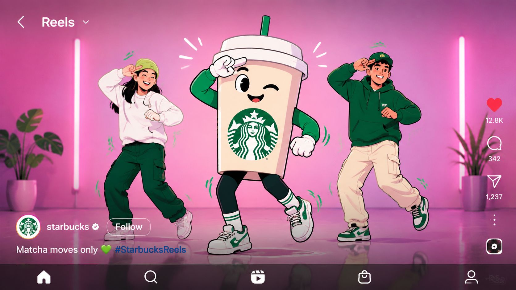 A Starbucks animated character dancing with two people in a pink room for a social media reel.