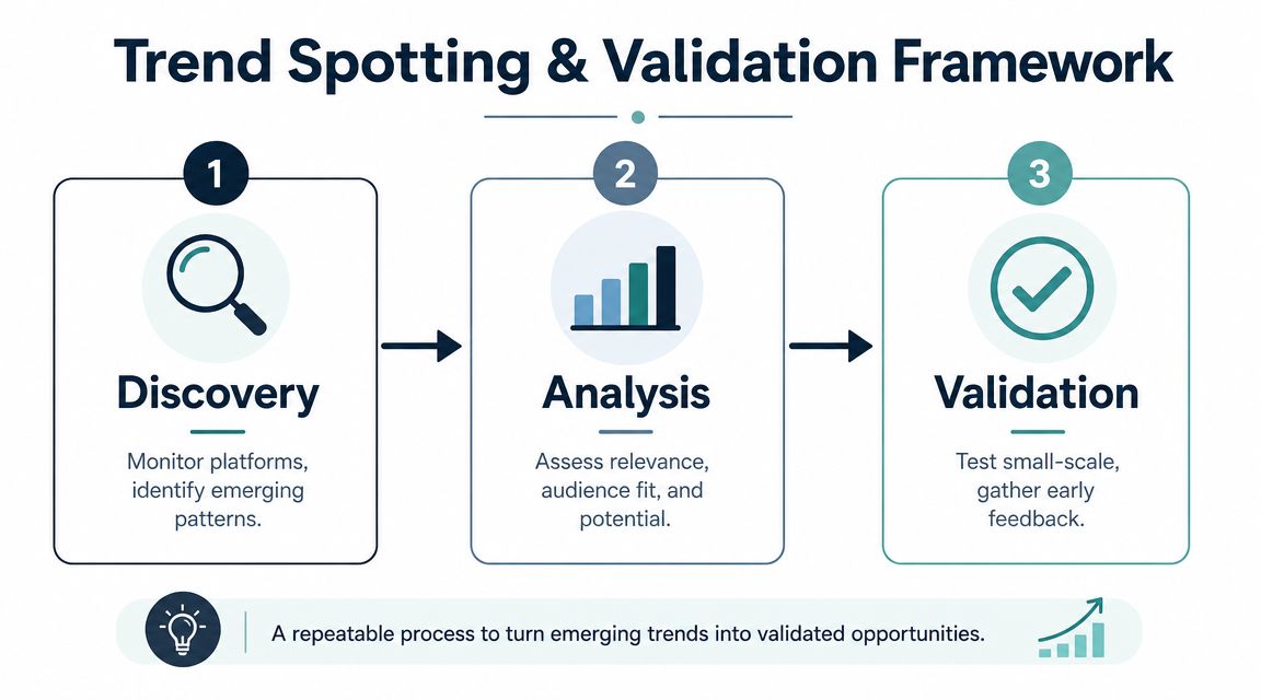 A three-step framework infographic illustrating the process of discovering, analyzing, and validating emerging market trends.