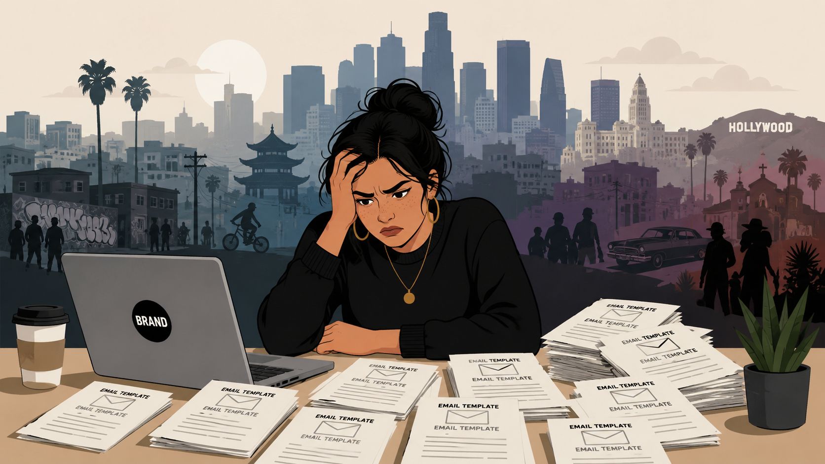 A frustrated woman working on a laptop surrounded by stacks of email templates in Los Angeles.