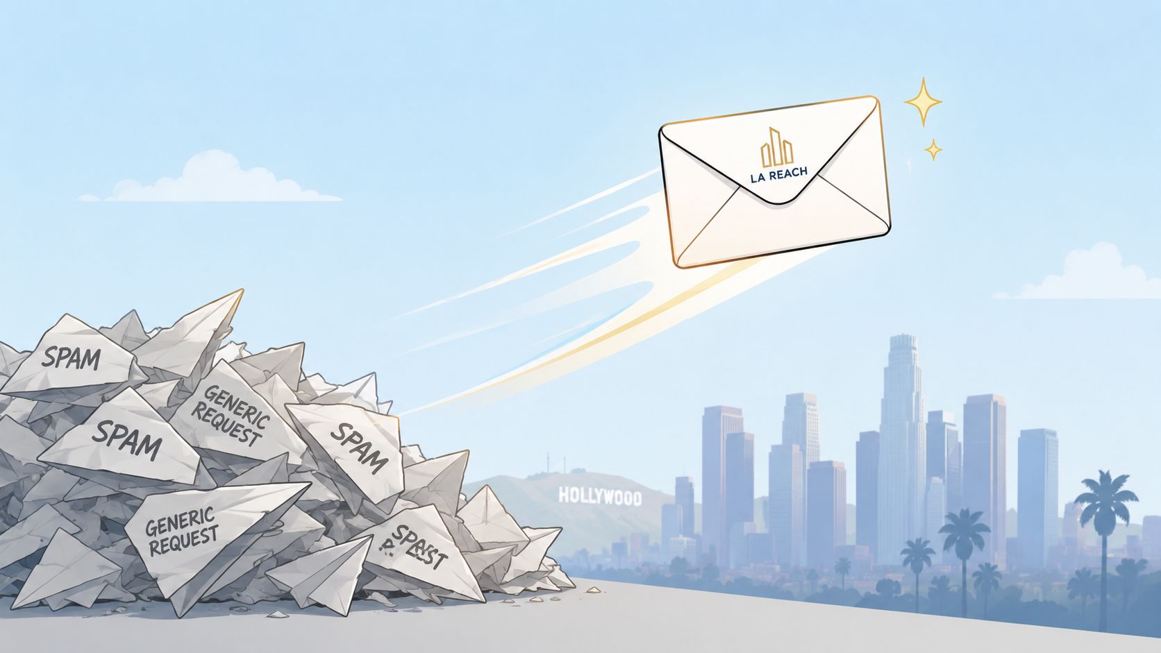 A professional LA REACH envelope soaring above a pile of generic, discarded spam paper airplanes in Los Angeles.