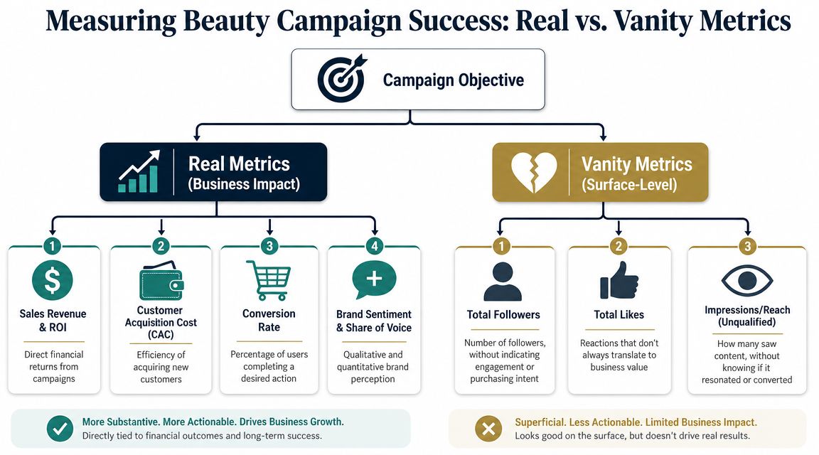 A flowchart comparing real business impact metrics against superficial vanity metrics for beauty industry marketing campaigns.