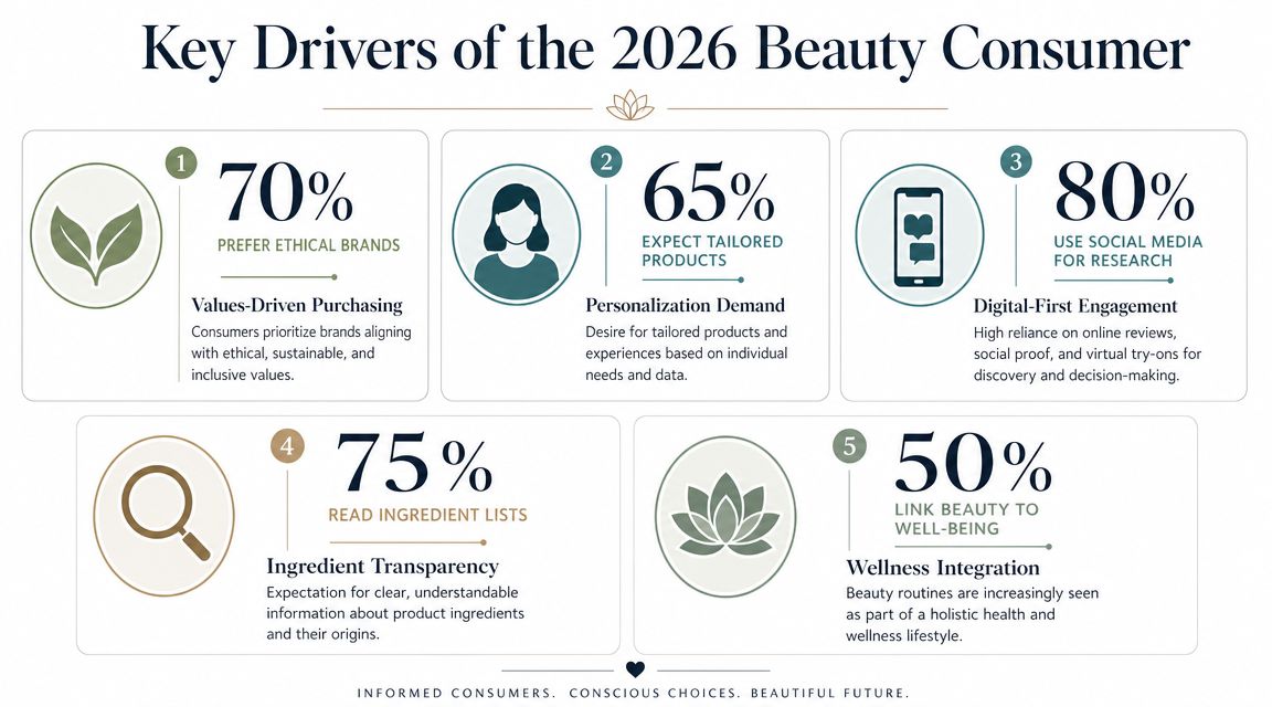 An infographic showing five key statistical drivers for the 2026 beauty consumer regarding purchasing and product trends.