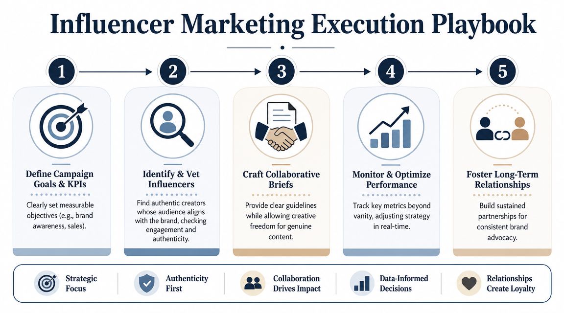 A five-step influencer marketing execution playbook infographic illustrating strategic steps from setting goals to building long-term relationships.