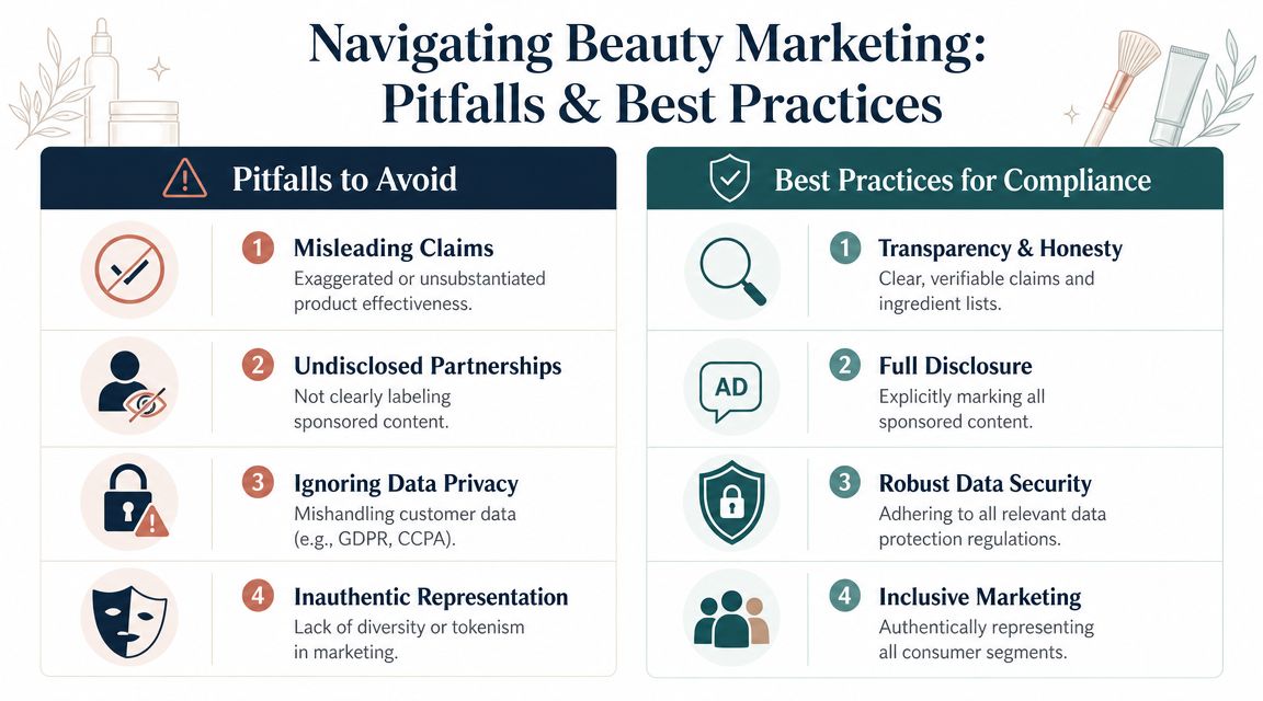 An infographic titled Navigating Beauty Marketing showing four common pitfalls and four best practices for compliance.