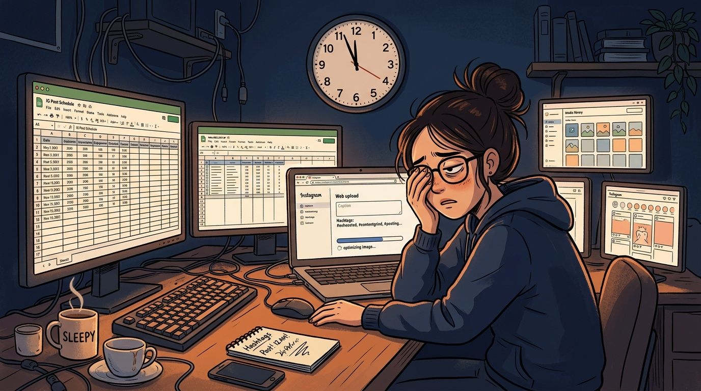 Exhausted woman working late at night on multiple screens while scheduling Instagram posts for her social media project.