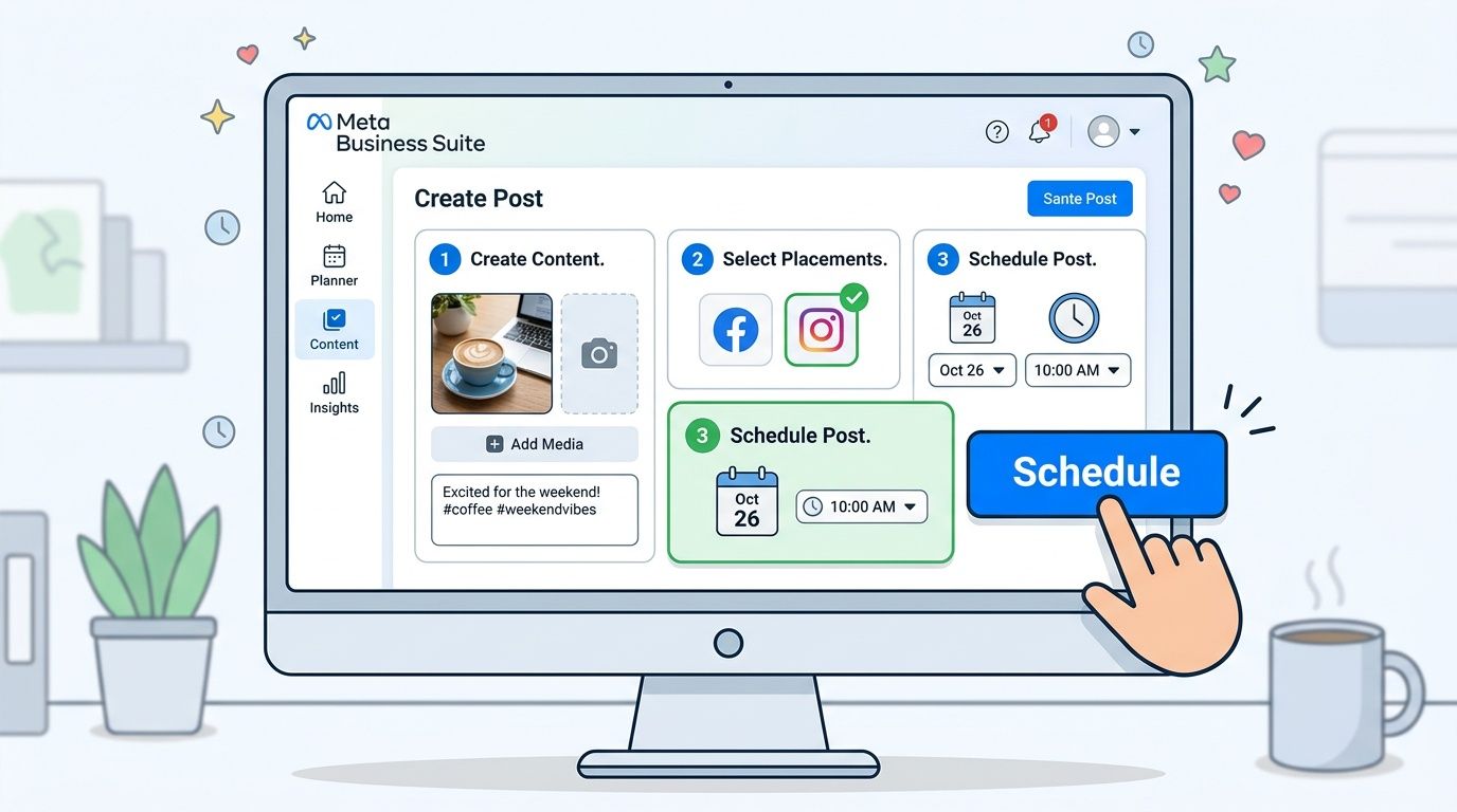 A digital interface illustrating how to schedule a social media post to Instagram using Meta Business Suite.