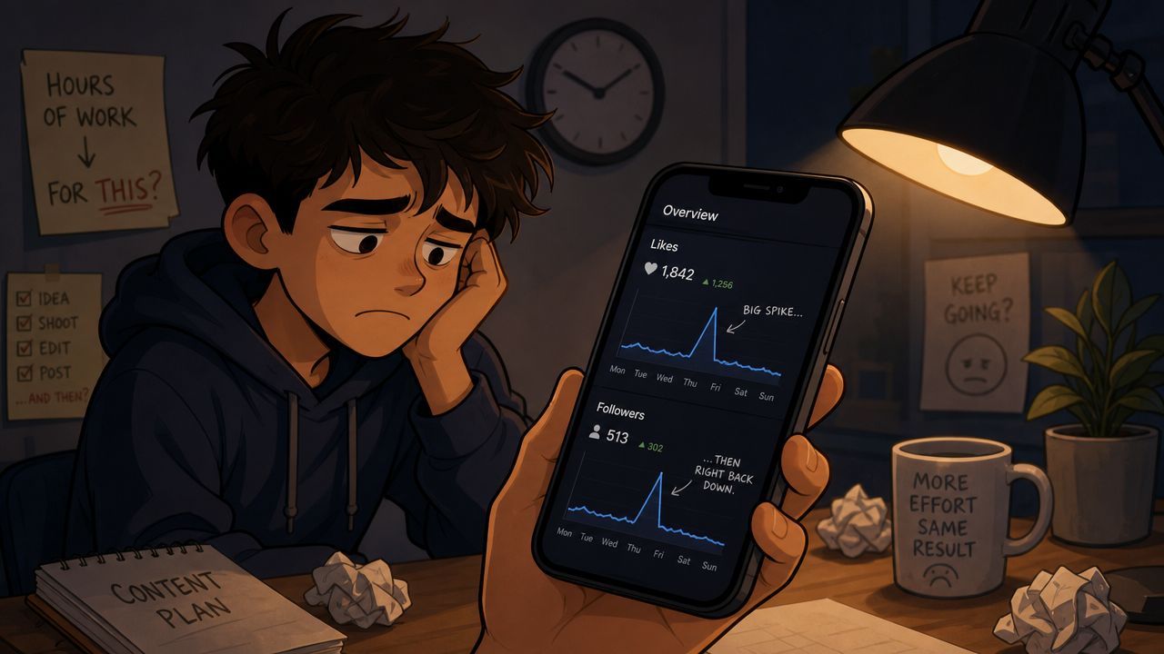 A tired, discouraged content creator looking at a smartphone screen showing declining social media engagement statistics.