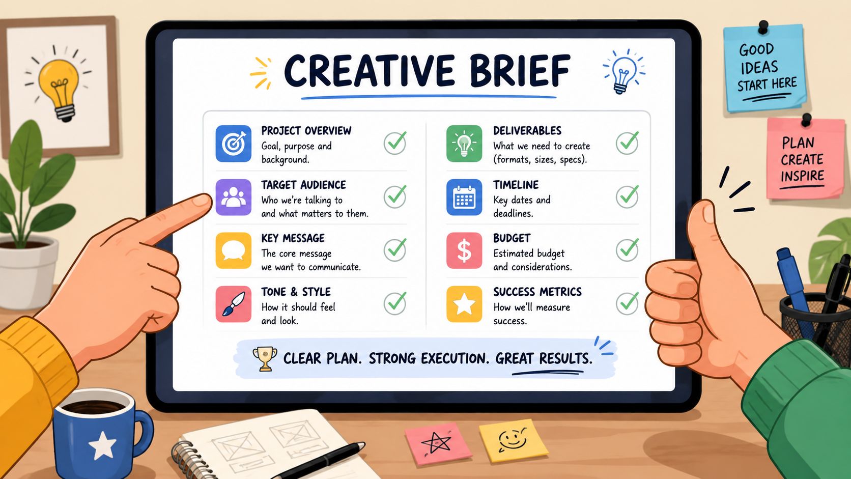 A creative brief checklist displayed on a digital tablet, pointing towards essential components for project planning.