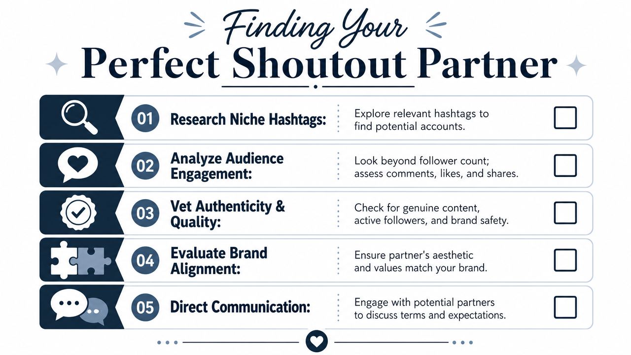 An infographic checklist with five essential steps for finding the perfect Instagram shoutout partner for business growth.