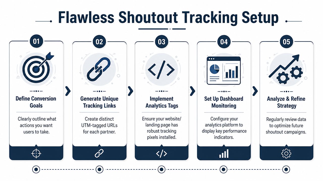 A five-step infographic showing the process for a flawless shoutout tracking setup for marketing campaigns.