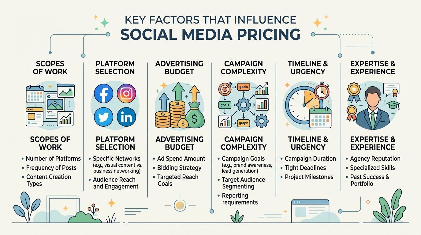 An infographic detailing the six main factors influencing social media pricing and management service costs.