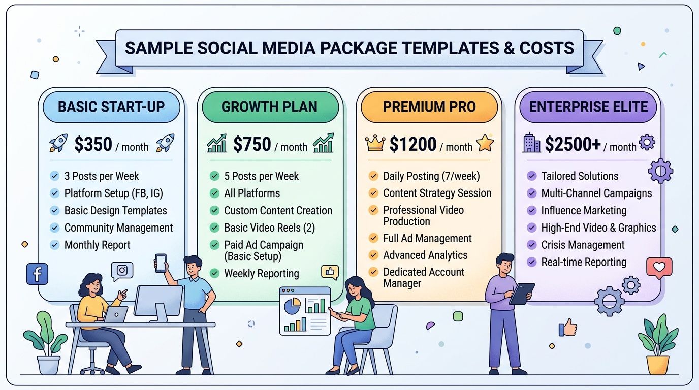A comparison chart outlining four tiers of social media management packages and their respective monthly pricing.