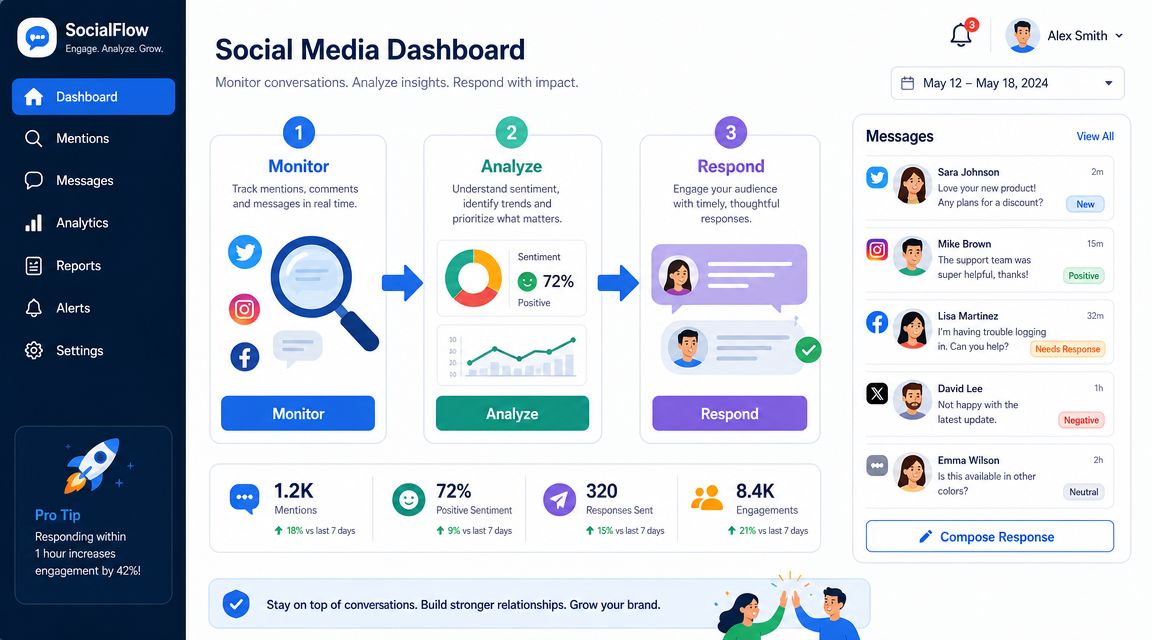 A social media dashboard interface displaying monitoring, analysis, and engagement tools for tracking online brand conversations.