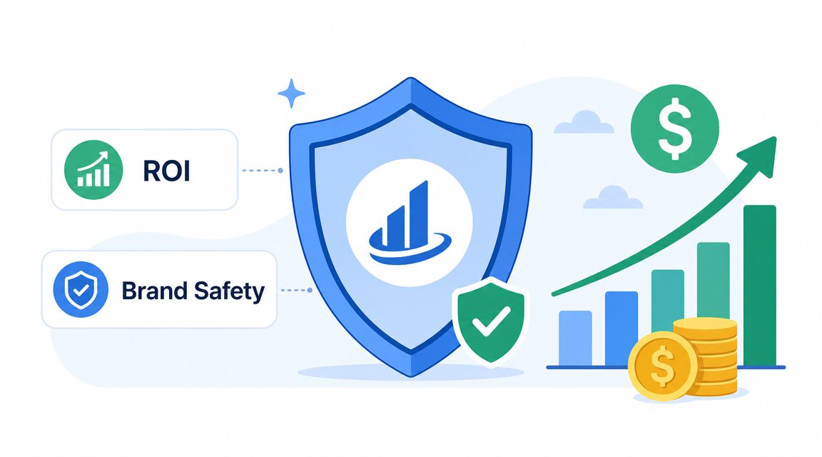 A digital illustration showing a shield protecting ROI and brand safety icons alongside growing financial growth charts.