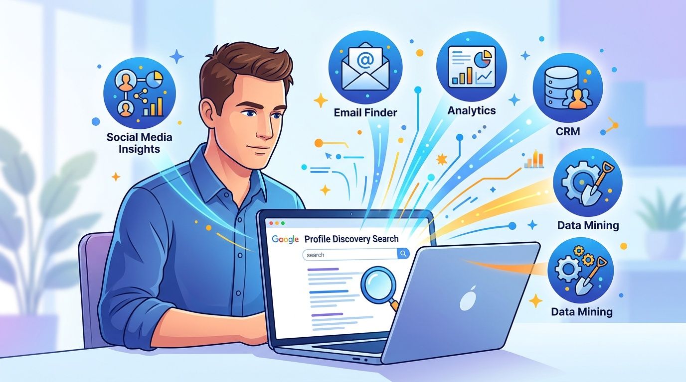 A professional man using a laptop to perform digital profile discovery research with various data analytics tools.