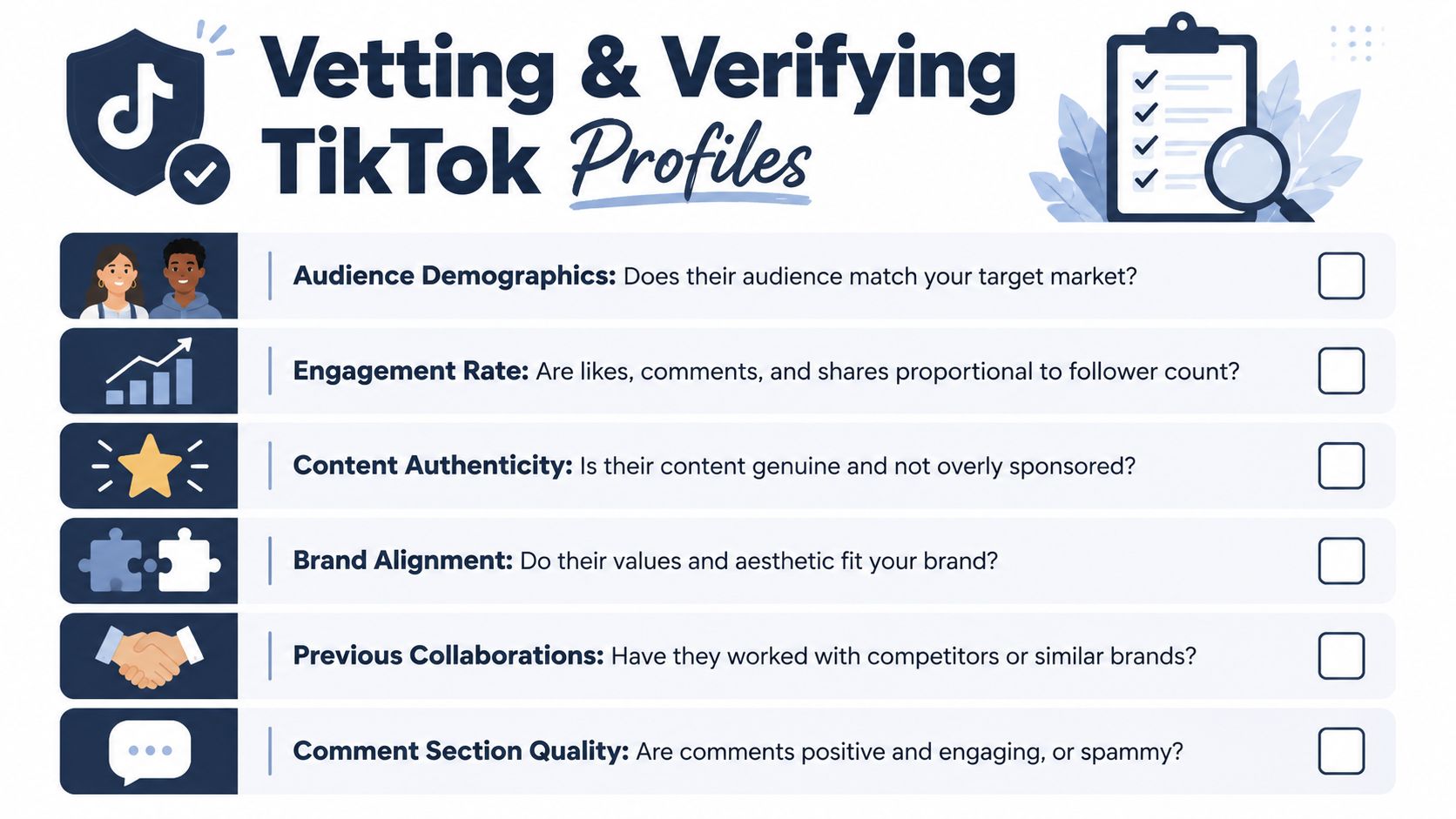 A checklist infographic titled Vetting and Verifying TikTok Profiles listing key metrics for influencer selection.