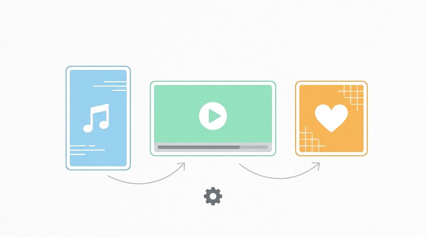 A minimalist graphic showing a musical note, a video player, and a heart icon connected sequentially.