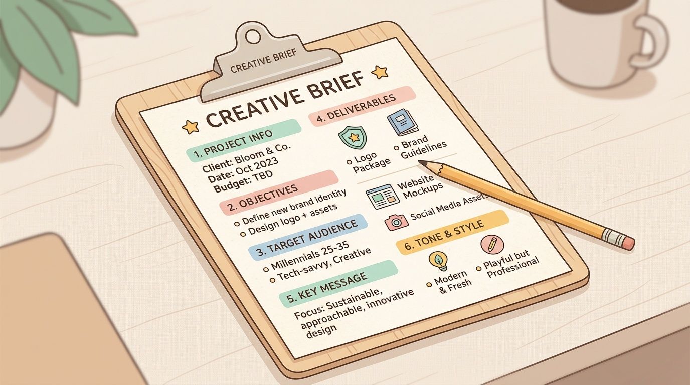 A creative brief document on a clipboard showing project objectives, target audience, and brand design guidelines.