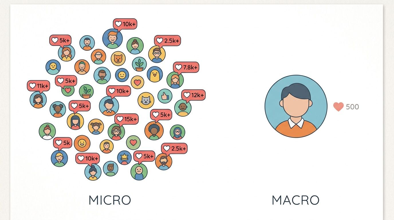 A visual comparison between micro and macro influencers using illustrative icons and social media engagement metrics.