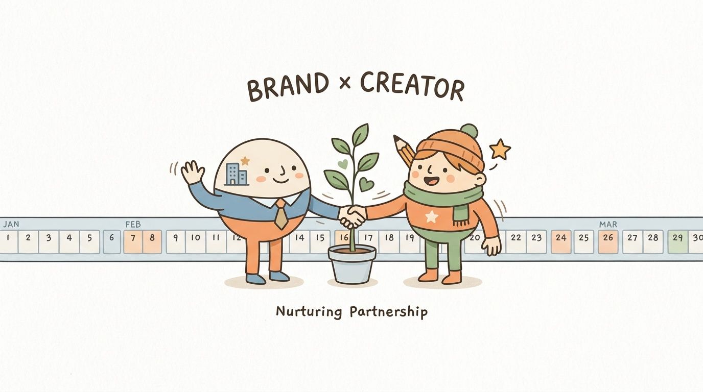 A brand representative and a creative influencer shaking hands over a potted plant to symbolize partnership.
