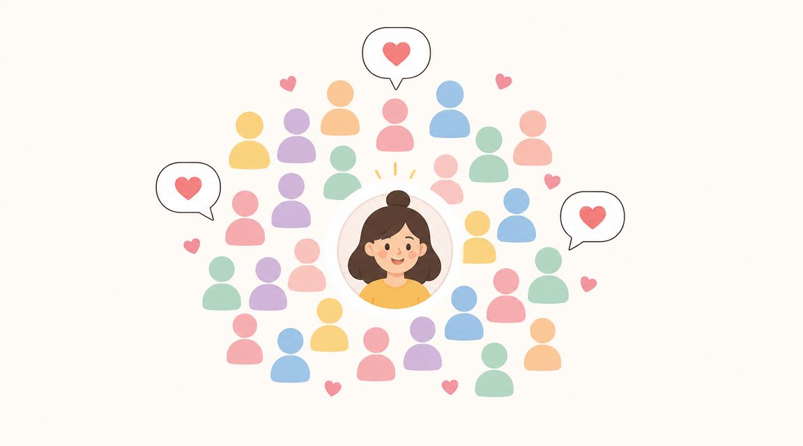 A central illustrated woman surrounded by numerous colorful abstract people icons, representing social media community connection.