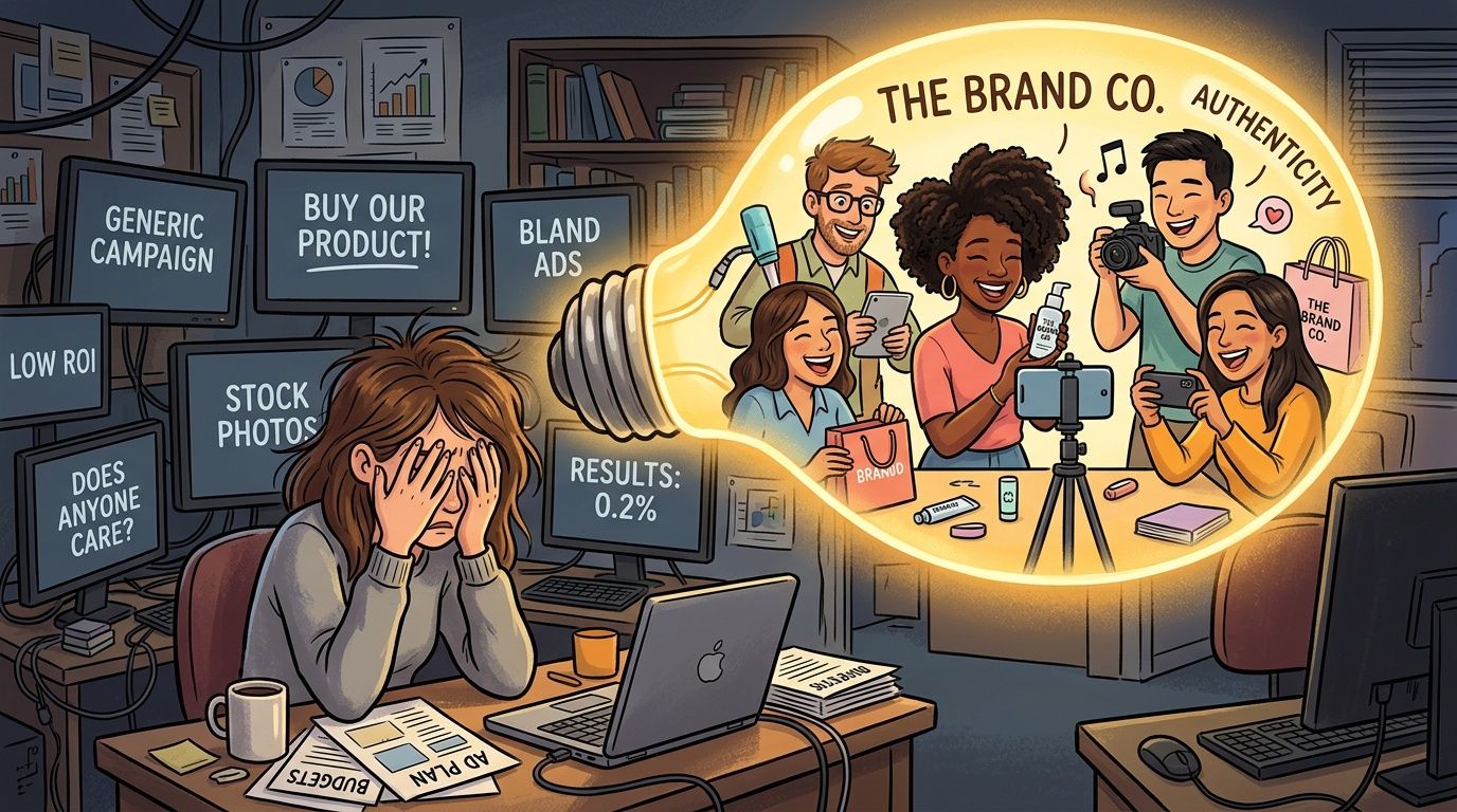 A stressed marketer looking at failing ad campaign metrics versus a creative and successful user-generated content team.