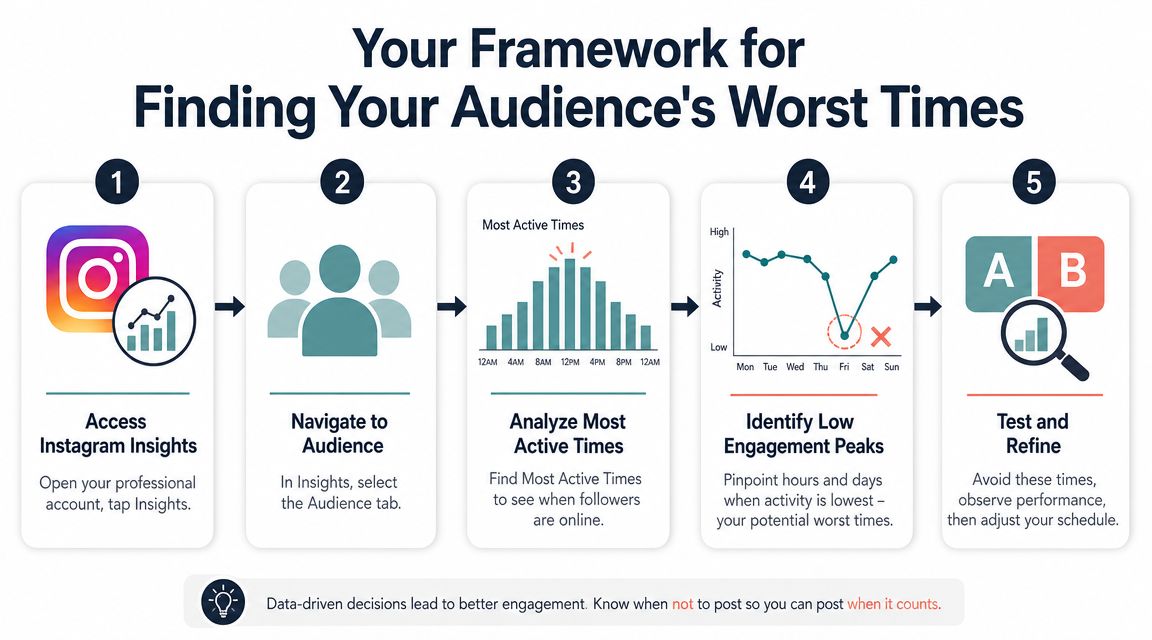 A five-step instructional framework infographic for identifying the worst times to post on Instagram for better engagement.