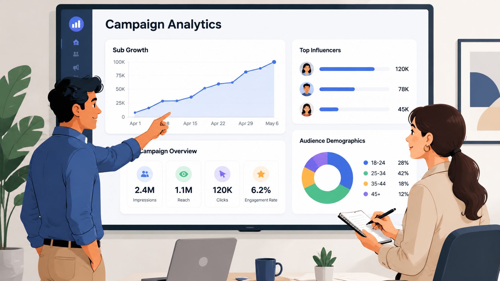 A professional man and woman discussing data analytics on a large screen in a modern office.