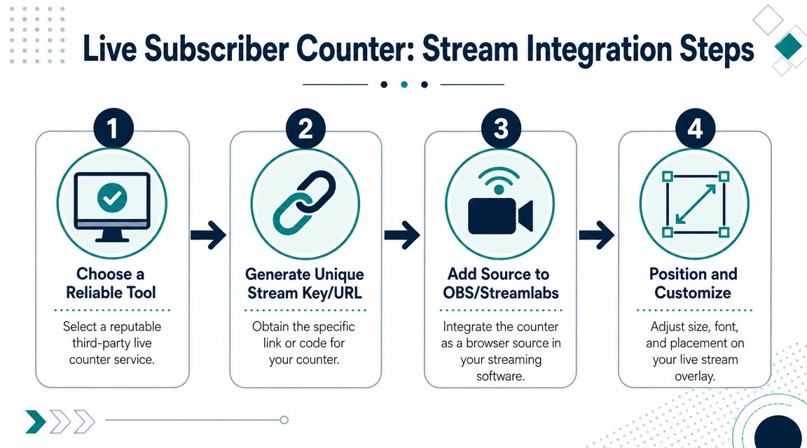 A flowchart showing four steps to integrate a live subscriber counter into streaming software like OBS.