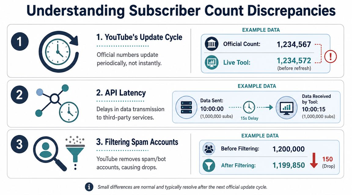 An infographic explaining three common reasons for discrepancies in YouTube subscriber counts: update cycles, API latency, and spam filtering.