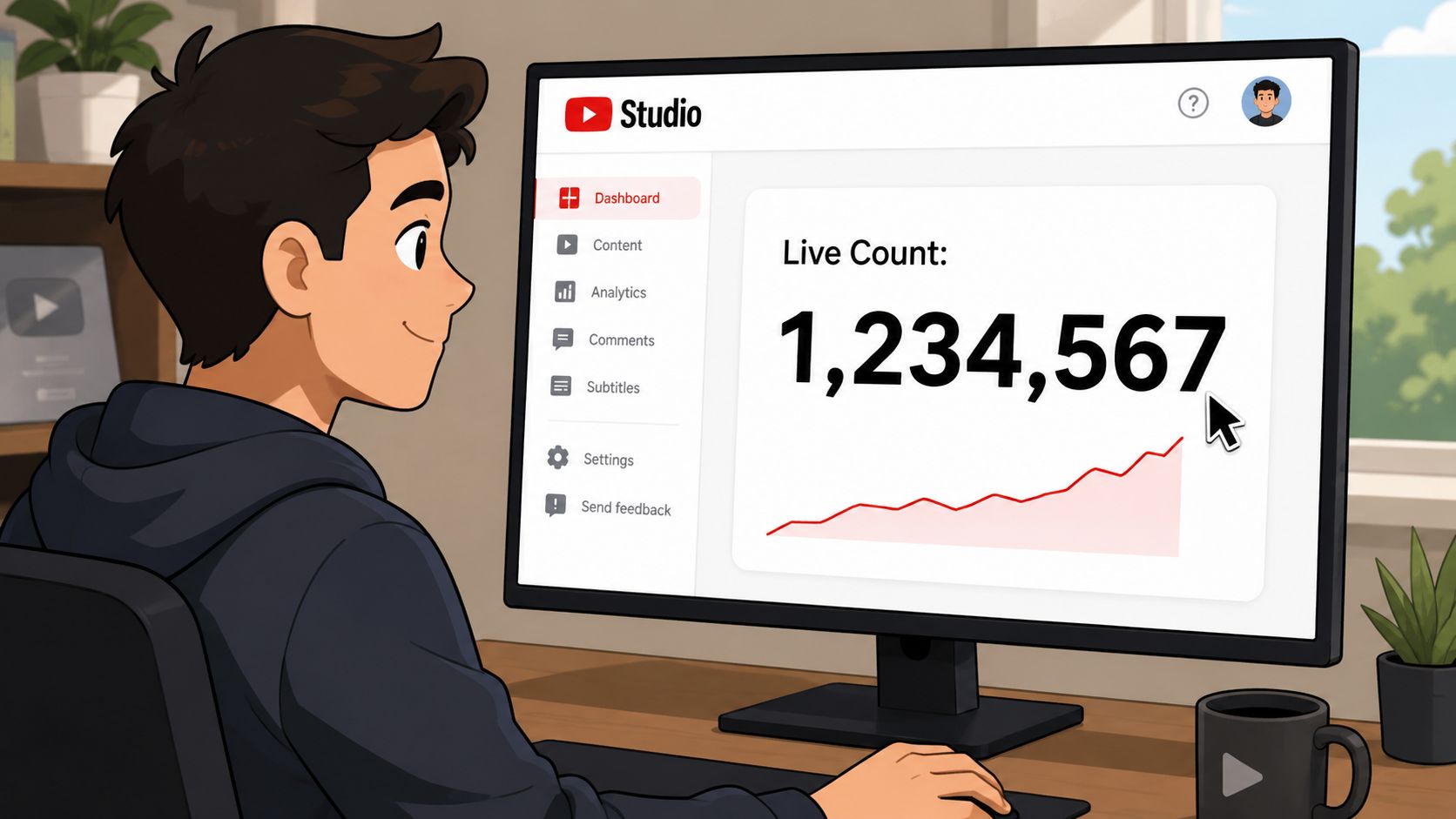 A young man sits at his desk viewing a YouTube Studio dashboard showing a live subscriber count.
