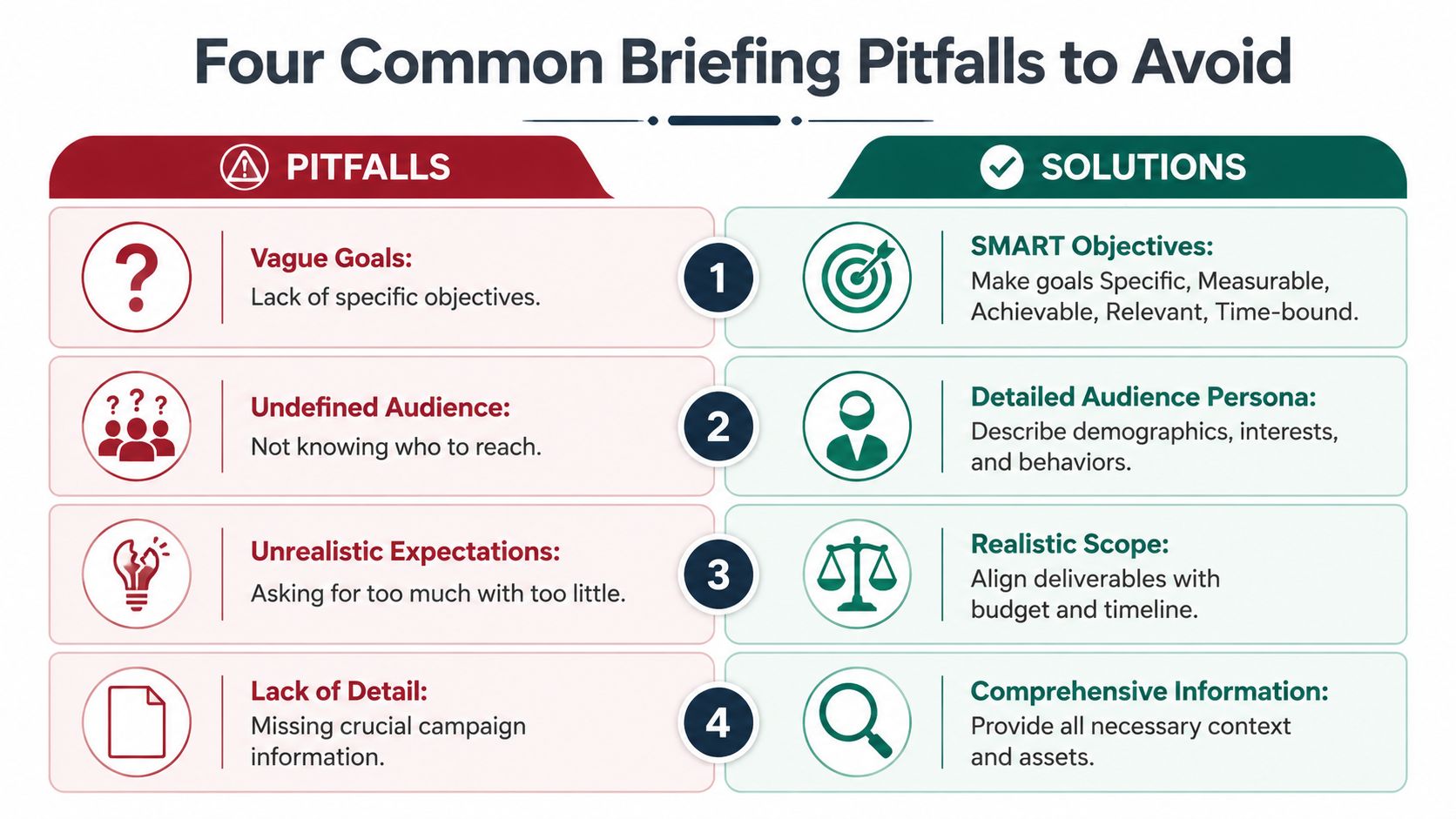 A comparative infographic highlighting four common briefing pitfalls alongside their corresponding professional strategic solutions.