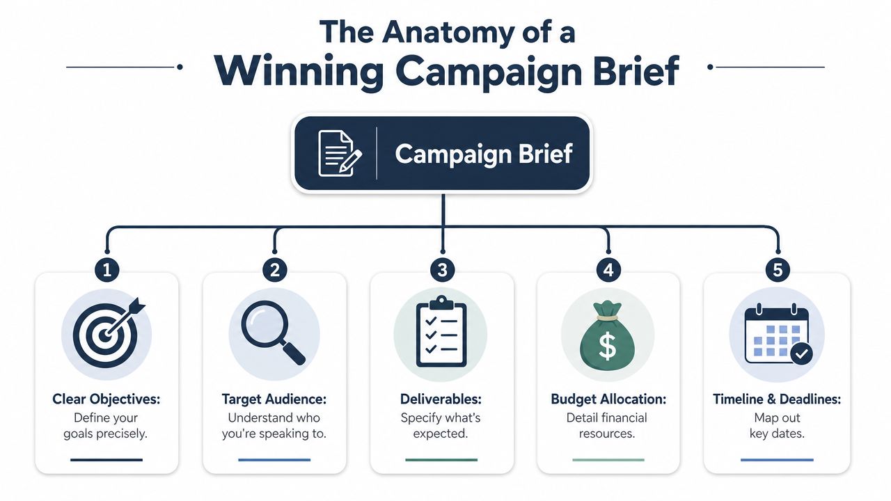 An infographic titled The Anatomy of a Winning Campaign Brief showing five essential elements for success.