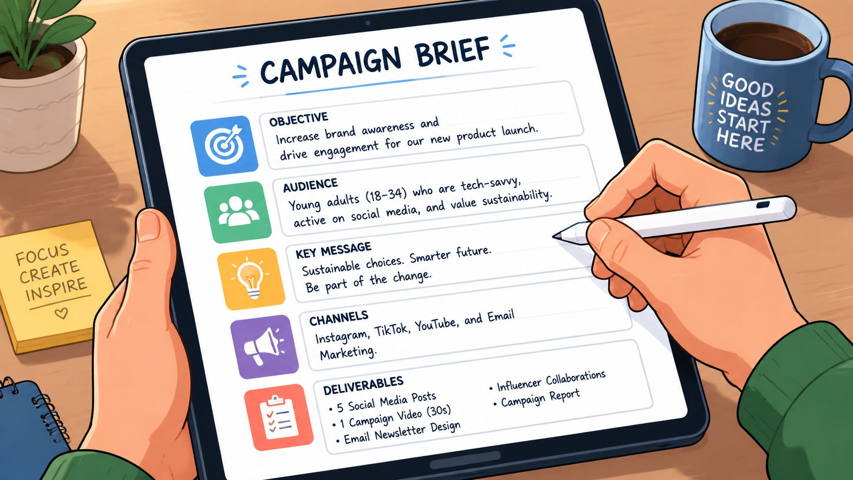A person writing on a digital tablet displaying a detailed marketing campaign brief with creative icons.