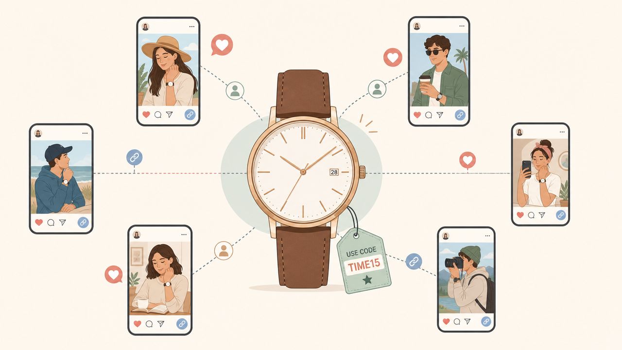 A wristwatch surrounded by social media posts of diverse influencers showcasing the watch, featuring a discount tag.