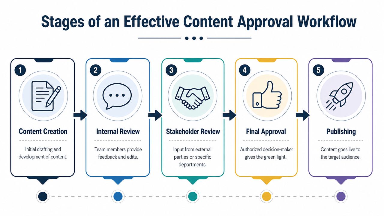 A flowchart showing the five sequential stages of an effective content approval workflow process.