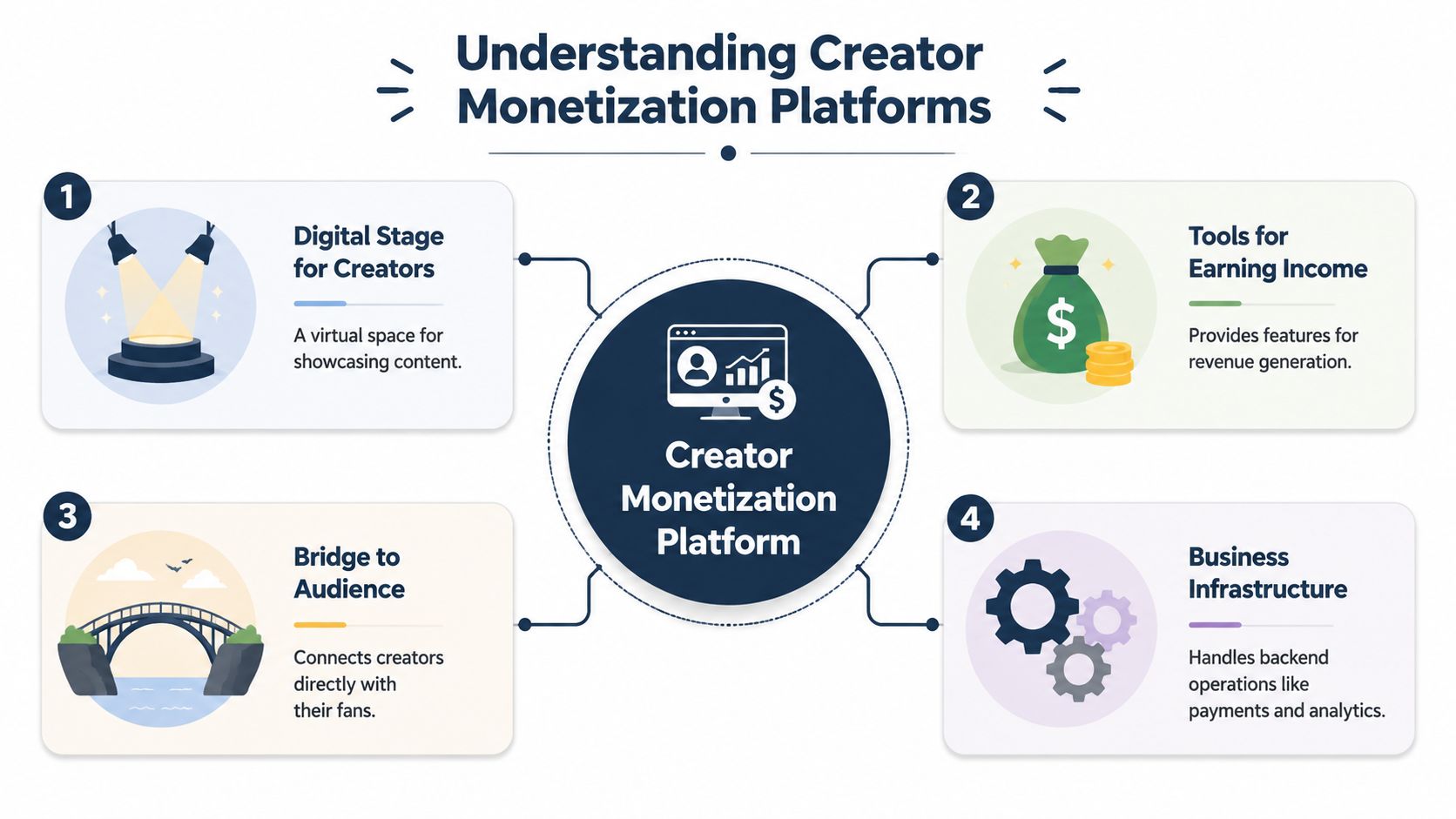 A diagram illustrating the four key components of a creator monetization platform for content creators and businesses.