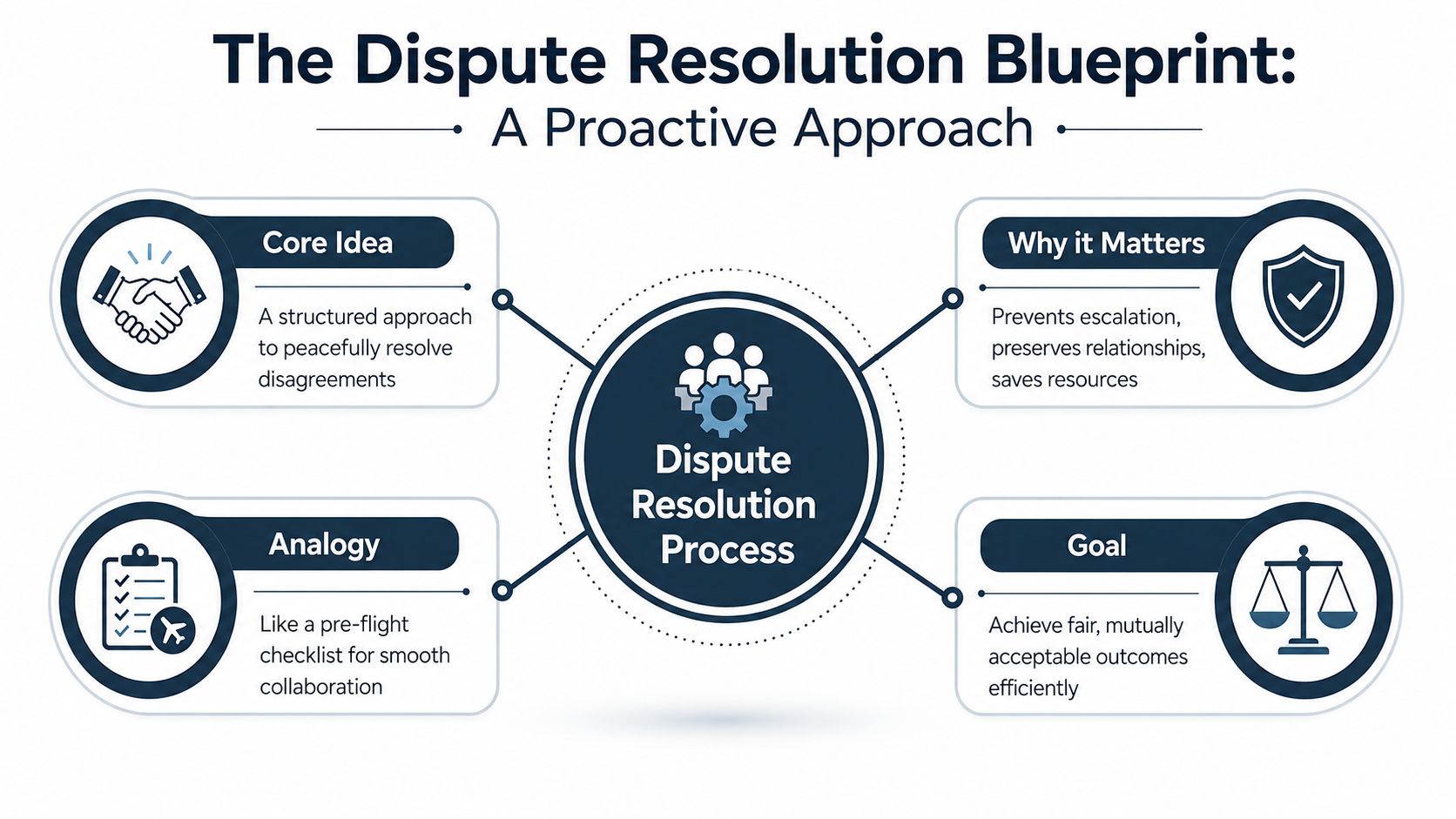 A diagram titled The Dispute Resolution Blueprint illustrating a proactive approach to resolving disagreements efficiently and fairly.