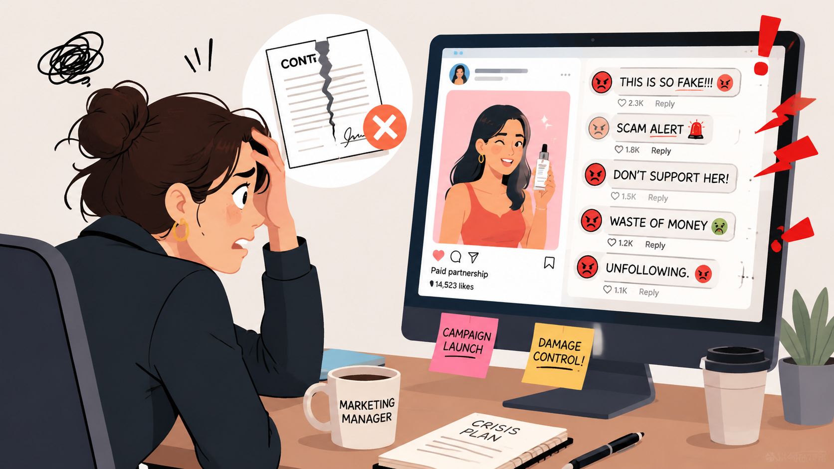 A stressed marketing manager looks at a computer screen showing negative social media backlash and a broken contract.