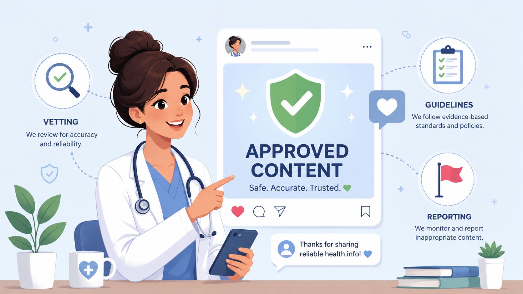 A friendly female doctor pointing at an approved content social media post, representing reliable digital health information.