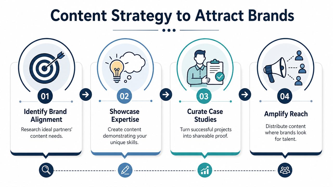 A four-step infographic showing a strategic process to attract brand partnerships through content creation and marketing.